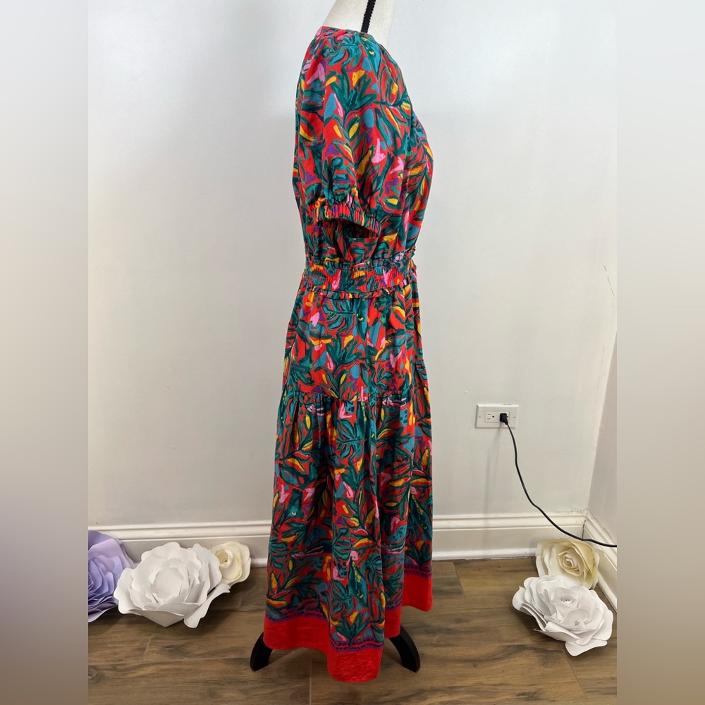 PINCH Cotton Floral Print Dress Midi Puff Sleeve With Red and Green Accents M - Picture 2 of 7
